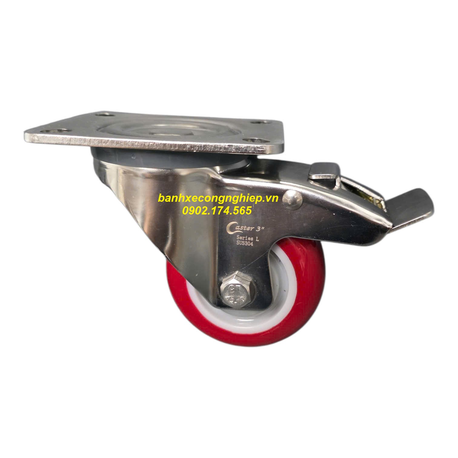Bánh xe PU75x32 càng inox 304 xoay khóa Caster Serie 2 tiêu chuẩn EU