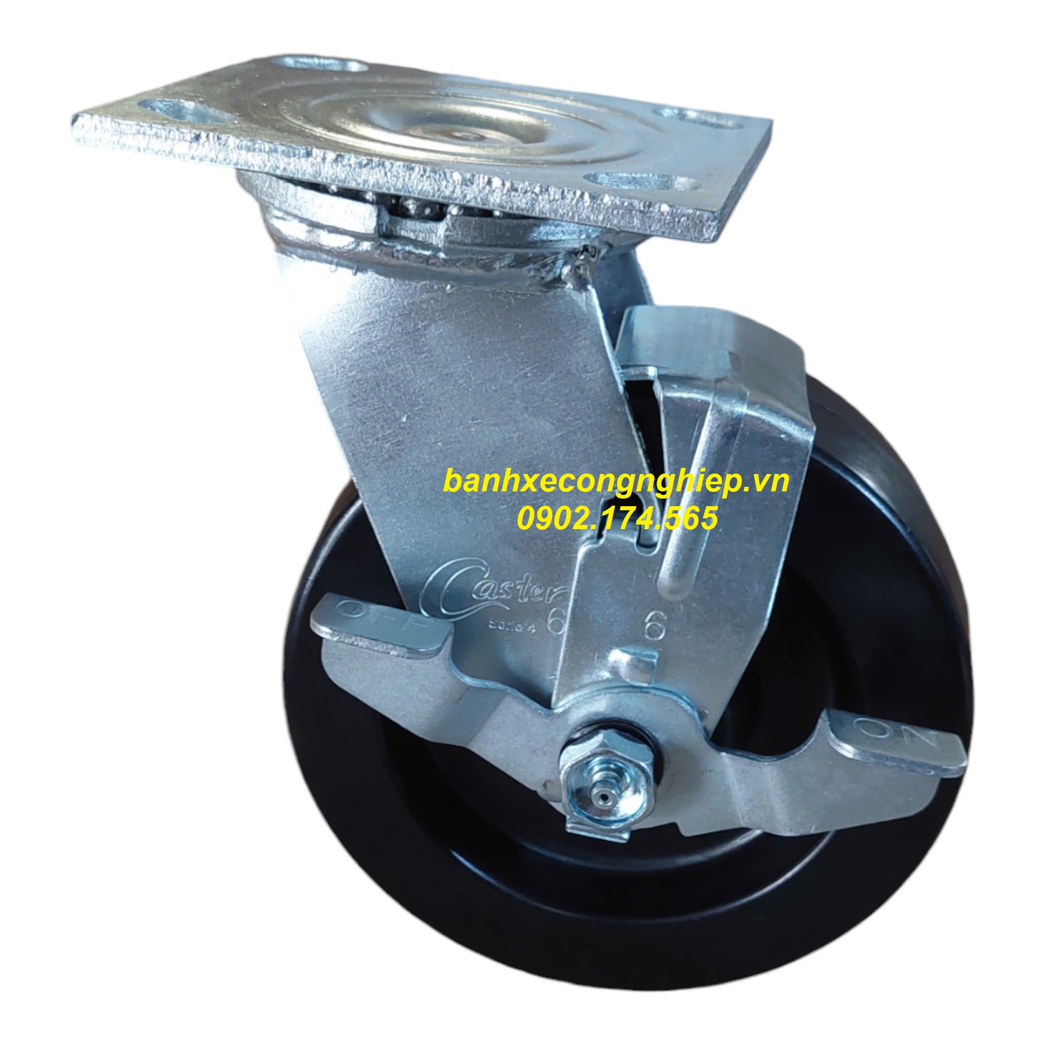 Bánh xe chịu nhiệt Phenolic 150x50 càng thép xoay khóa Caster Serie 4 tiêu chuẩn USA