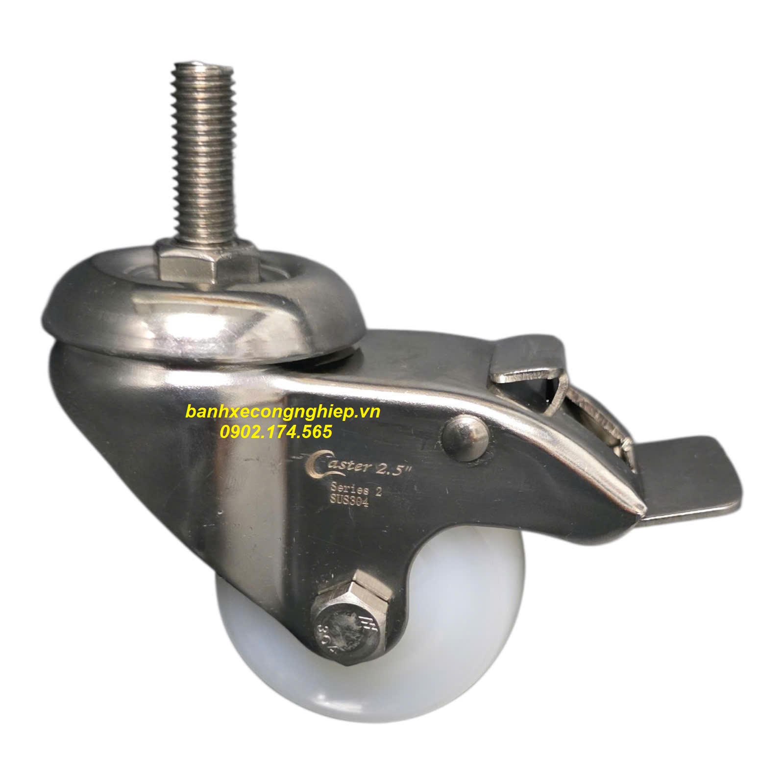 Bánh xe PA63.5x32 càng inox 304 xoay khóa M12x25 Caster tiêu chuẩn USA