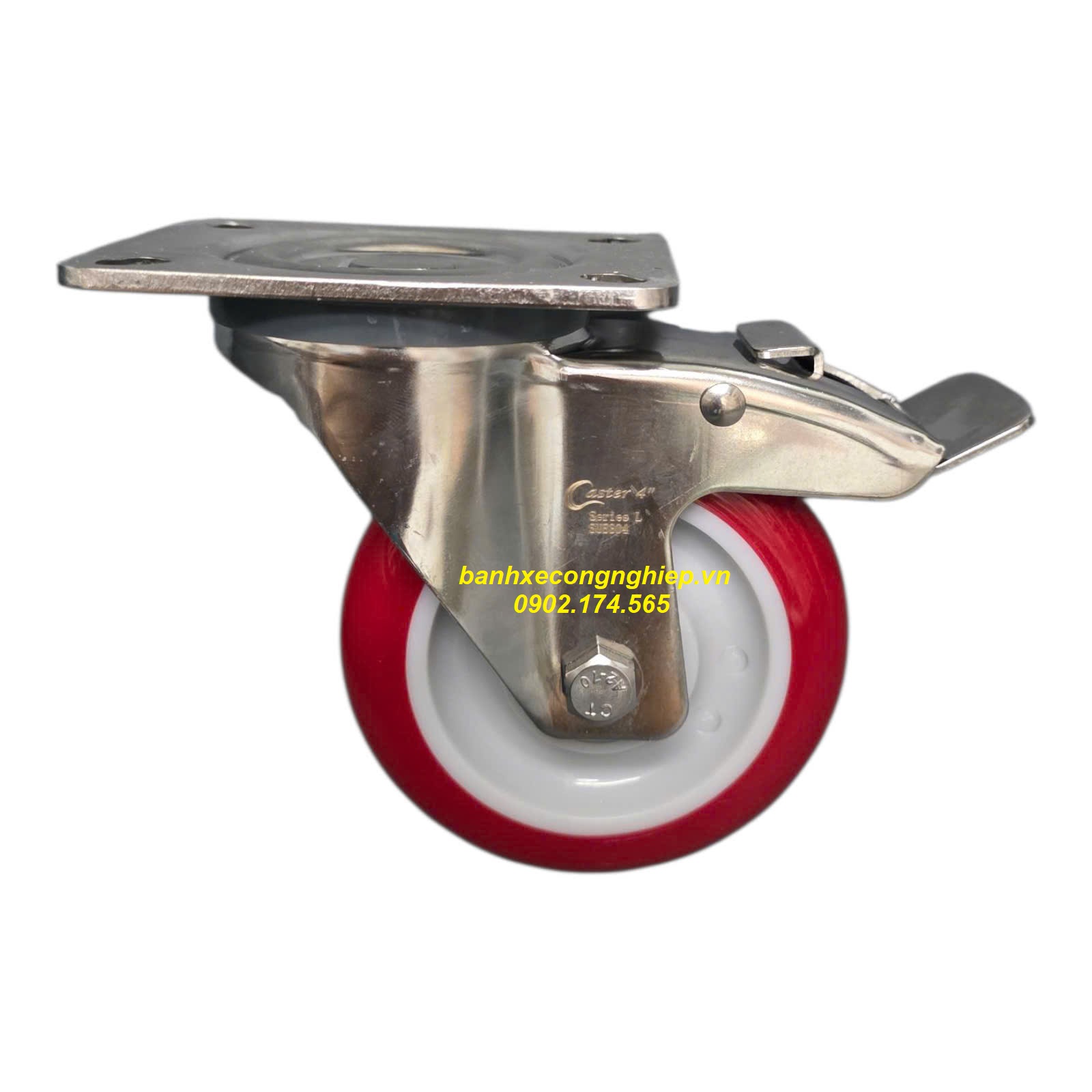 Bánh xe PU100x32 càng inox 304 xoay khóa Caster Serie 2 tiêu chuẩn EU