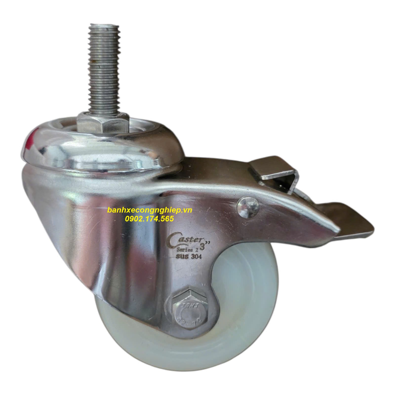 Bánh xe PA75x32 càng inox 304 xoay khóa M12x25 Caster tiêu chuẩn USA