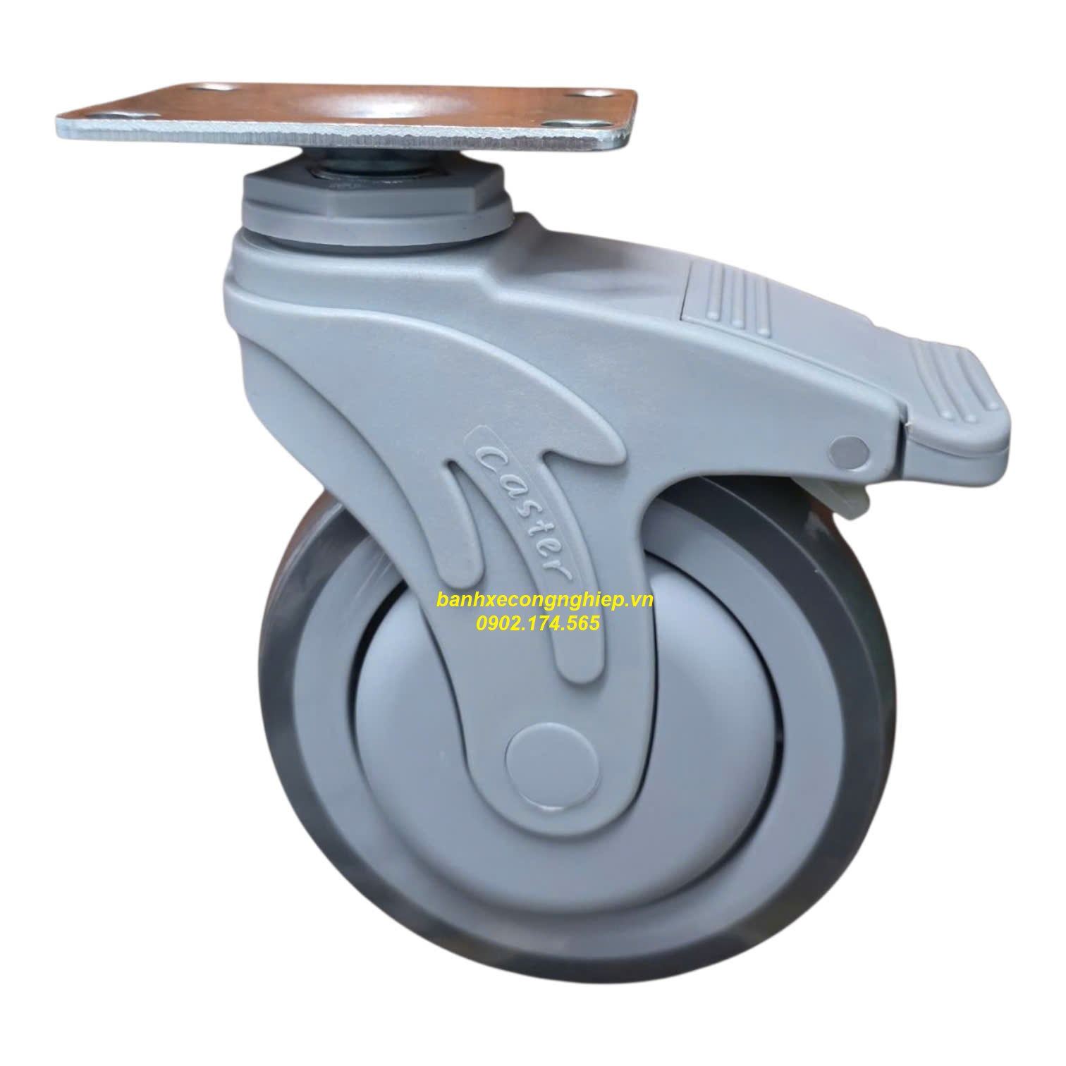 Bánh xe cao su xám TPR 125x32 càng nhựa Nylon xoay khóa Caster Serie 2 tiêu chuẩn USA