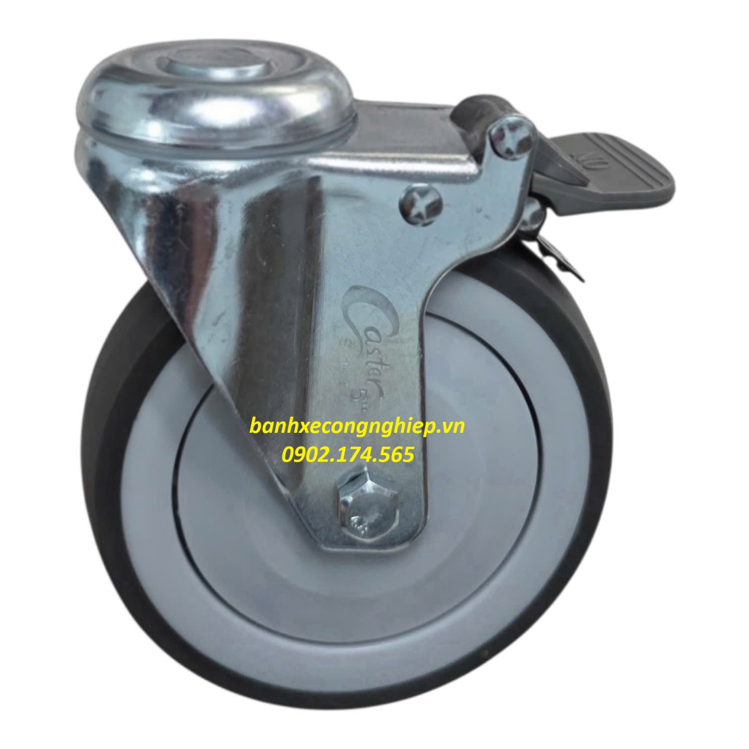 Bánh xe cao su xám TPR 125x32 càng thép xoay khóa Nylon lỗ bulon 12mm Caster Serie 2 tiêu chuẩn Korea 