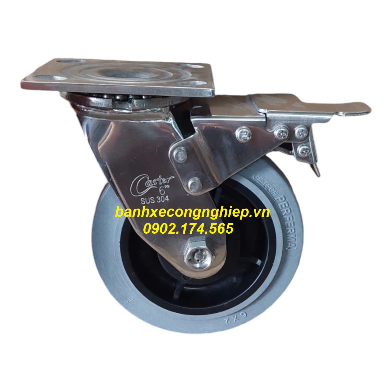 Bánh xe cao su chống tĩnh điện Hi-tech Perferma 150x50 càng inox 304 xoay khóa kép Caster Serie 4 tiêu chuẩn USA