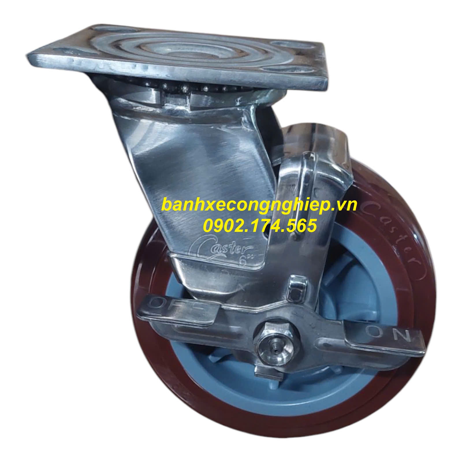 Bánh xe PU 150x50 càng inox 304 xoay khóa hông Caster Serie 4 tiêu chuẩn USA