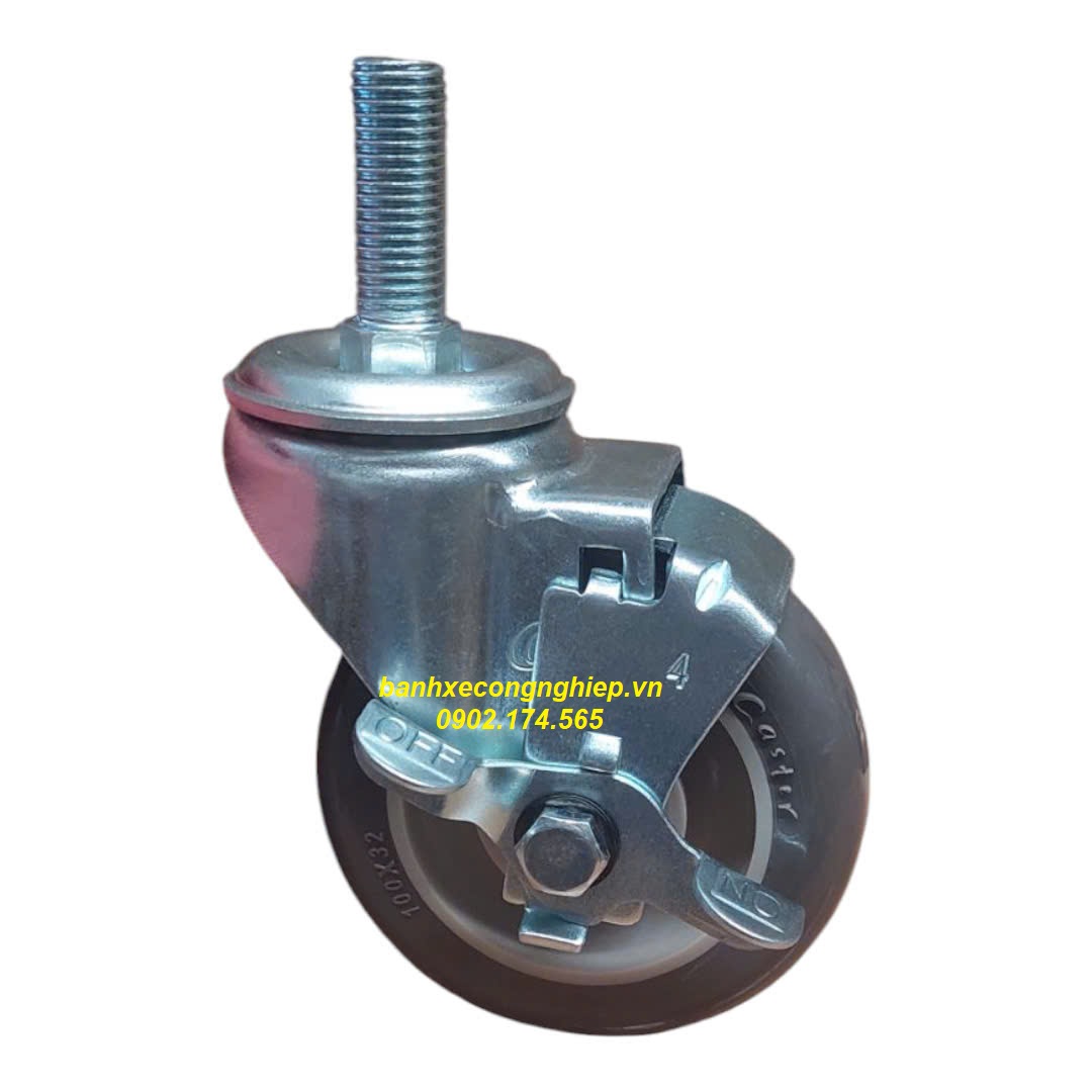 Bánh xe PU100x32 càng thép xoay khóa hông M16x40 Caster tiêu chuẩn USA