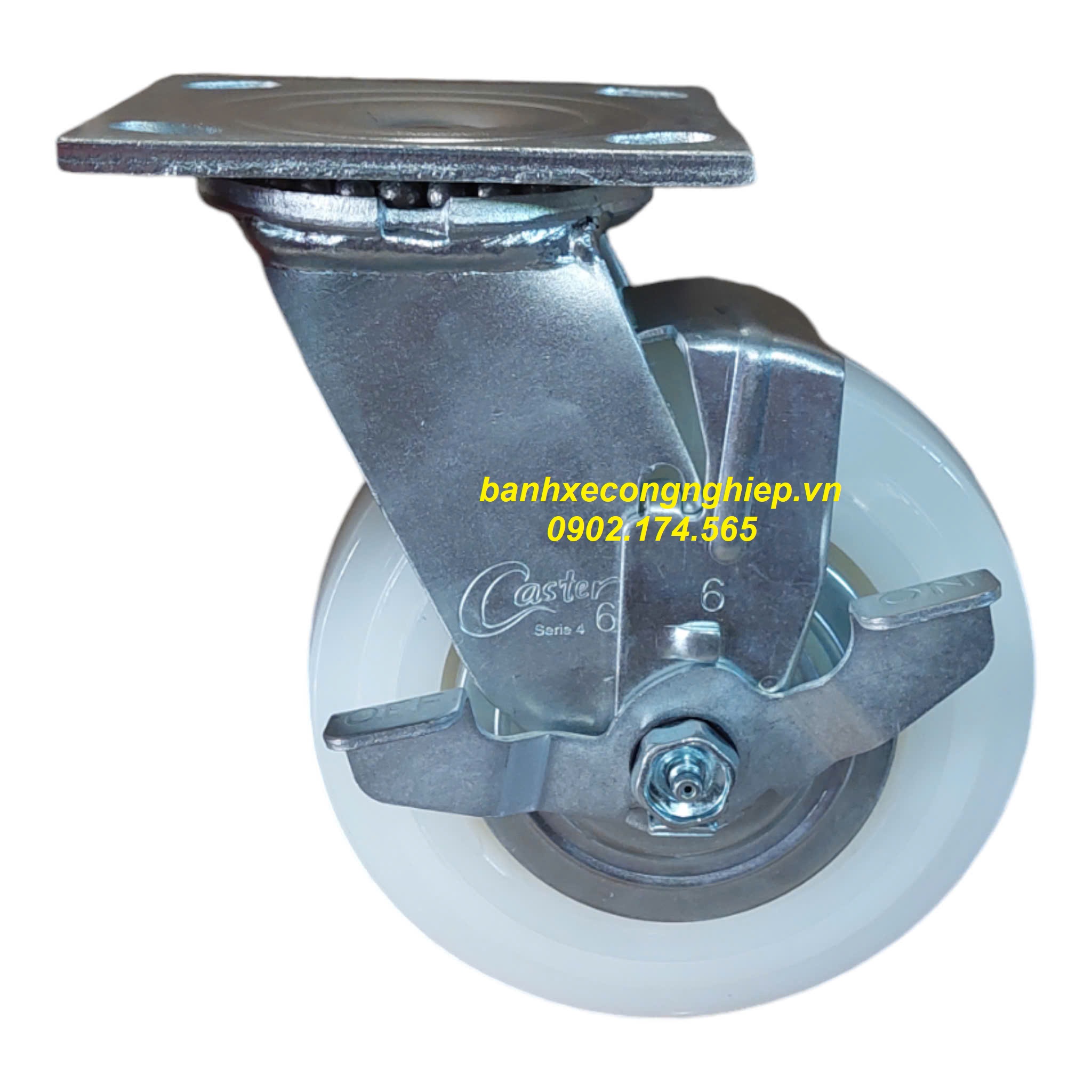 Bánh xe PA150x51 càng thép xoay khóa Caster Serie 4 tiêu chuẩn USA có nắp che chống quấn chỉ dùng cho các công ty dệt nhuộm
