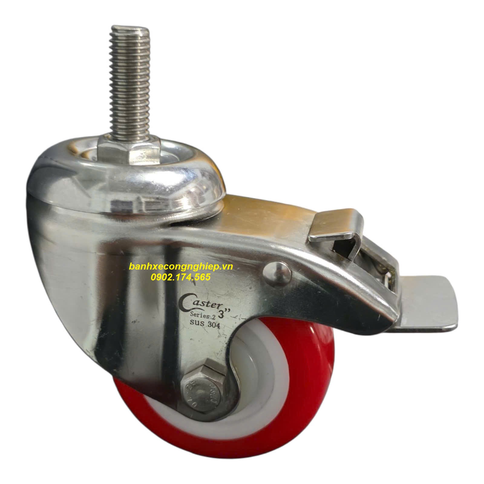 Bánh xe PU75x32 càng inox 304 xoay khóa M12x25 Caster tiêu chuẩn USA