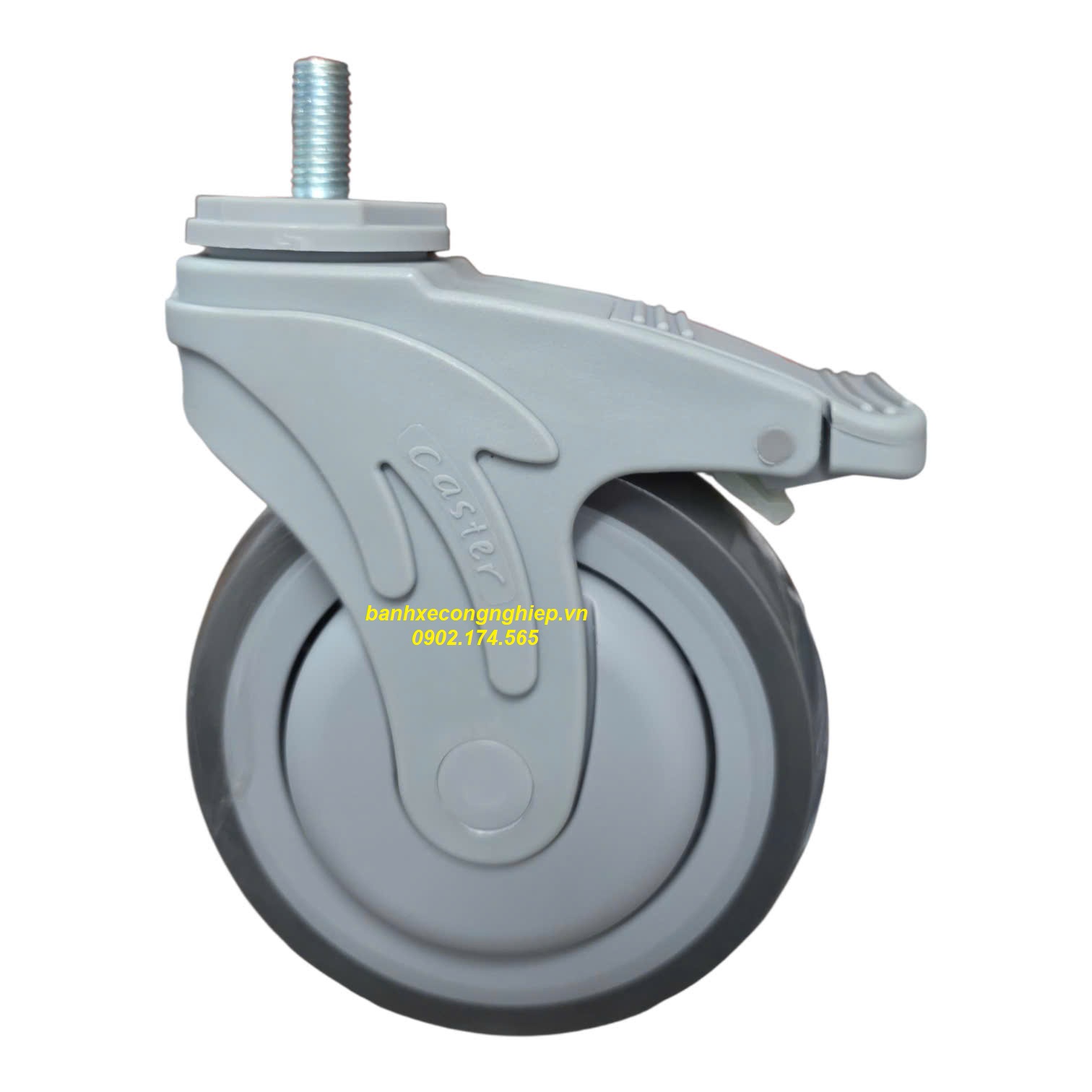 Bánh xe cao su xám TPR 125x32 càng nhựa Nylon xoay khóa trục ren M12 Caster Serie 2 tiêu chuẩn USA