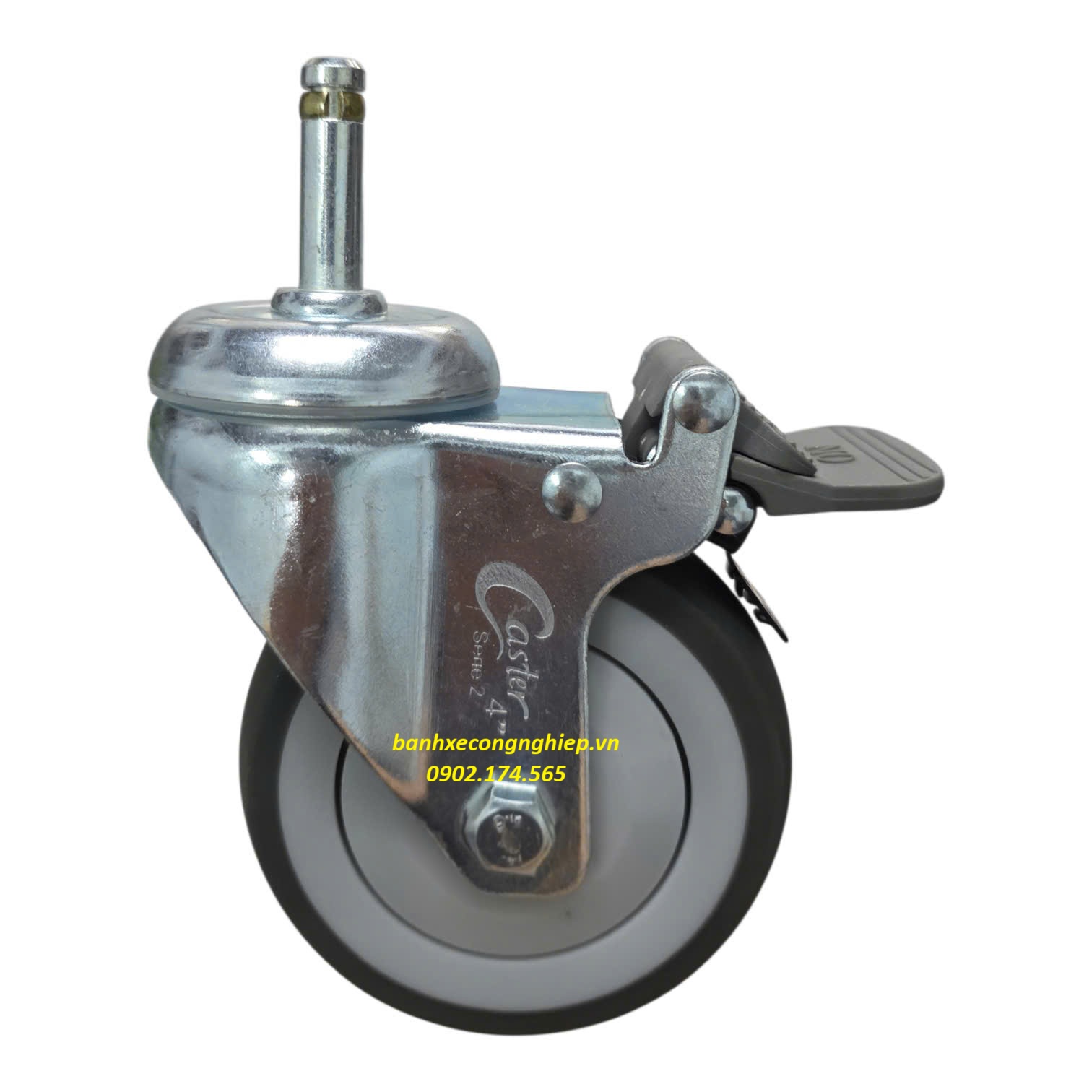 Bánh xe cao su xám TPR 100x32 càng thép xoay khóa Nylon trục trơn 11mm Caster Serie 2 tiêu chuẩn Korea